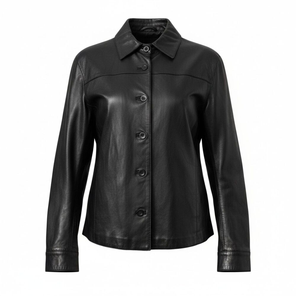 Beverly Hills Polo Club Women L Black Genuine Leather Jacket Button Front Soft